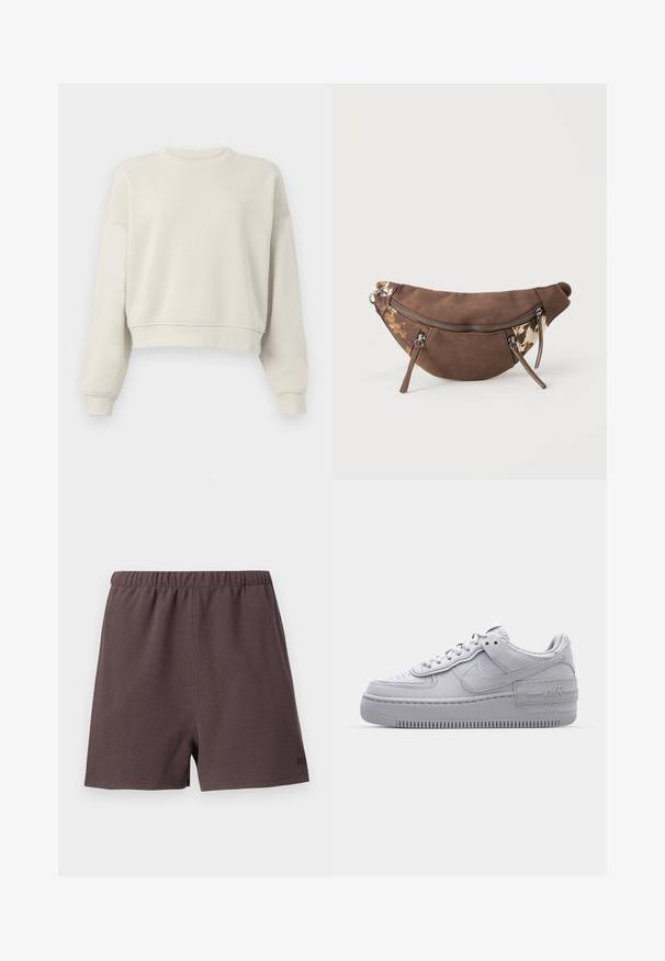 Lys beige cropped sweatshirt med lange ærmer, ribbet krave og manchetter, blød stofstruktur, minimalistisk design, ingen synlige mønstre eller accenter.; Mørkebrune shorts lavet af tekstureret, vævet stof. Har en elastisk talje og en lille logo accent på nederste højre side.; Grå Nike Air Force 1 sneakers med perforeret tå, glat læderoverdel, tyk sål og præget 'AIR' detalje på hælen.; Brun ruskind og canvas bæltetaske med dyreprintdetaljer, tre lynlåslommer og justerbar rem på ensfarvet baggrund.