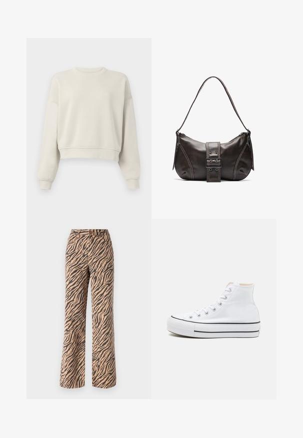 Helles beiges, verkürztes Sweatshirt mit langen Ärmeln, geripptem Kragen und Bündchen, weicher Stofftextur, minimalistisches Design, ohne sichtbare Muster oder Akzente.; Weite Hosen mit einem Tigermuster in Braun- und Schwarztönen, mit normaler Taille und fünf Taschen.; Weiße High-Top-Sneaker aus einem Material aus Segeltuch, mit schwarzer Gummisohle und kontrastierendem schwarzen Streifen auf der Zwischensohle. Runde Zehenkappe und Schnürdesign.; Braune Lederumhängetasche mit gebogener Form, die mit einem auffälligen Schnallendetail, kontrastierenden Nähten und einem einzigen Schulterriemen ausgestattet ist.