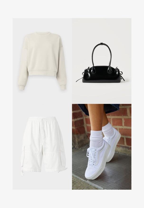 Helles beiges, verkürztes Sweatshirt mit langen Ärmeln, geripptem Kragen und Bündchen, weicher Stofftextur, minimalistisches Design, ohne sichtbare Muster oder Akzente.; Weiße Cargo-Shorts mit elastischem Bund und Kordelzug, ausgestattet mit zwei Seitentaschen und verstellbaren Saumkordeln. Hergestellt aus leichtem Stoff.; Weiße Leinensneaker mit Gummisohlen, ausgestattet mit sechs Ösen, runder Zehenpartie und dezenten Nähten, kombiniert mit weißen Knöchelsocken.; Kleine schwarze glänzende Handtasche mit zwei langen Griffen und seitlichen Kordelzug-Details vor einfachem hellem Hintergrund.
