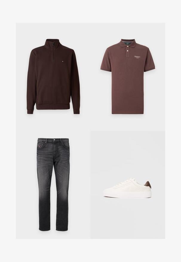 Mørkebrun quarter-zip pullover sweatshirt med ribbede manchetter og lille rektangulært logo på venstre bryst.; Brun polo shirt lavet af bomuld, med en klassisk krave, to-knaps lukning og et lille broderet logo på venstre bryst.; Sorte denim jeans med lige ben, fem lommer, subtil falming og et lille rødt stofmærke på forlommen.; Hvid lavt snøre-sneakers med brun hælflig på en ensartet lys baggrund.