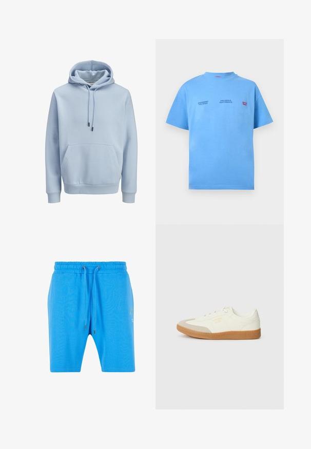 Sudadera con capucha azul claro, con bolsillo frontal tipo canguro, capucha con cordón y puños y dobladillo acanalados.; Camiseta de manga corta azul claro con cuello redondo, con pequeños textos negros "Engineered for Speed" y "Precision & Performance" y texto rojo "On the Track".; Pantalones cortos de algodón azul con una cinturilla elástica, cierre de cordón y un sutil detalle gráfico en el lado. Textura suave y corte holgado.; Zapatilla de cuero blanca con puntera beige y suela de goma marrón claro. Presenta cordones planos blancos y una marca en relieve en el lateral.