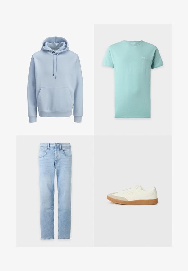 Sweat à capuche bleu clair avec poche kangourou devant, capuche à cordon de serrage, et poignets et ourlet côtelés.; T-shirt bleu clair à manches courtes et col rond avec un petit logo blanc Pepe Jeans sur la poitrine gauche, présenté sur un fond uni.; Jean denim bleu clair à jambes droites avec poches avant, passants de ceinture et fermeture à boutons sur fond blanc.; Baskets en cuir blanc avec une coque beige et une semelle en caoutchouc marron clair. Dotées de lacets blancs plats et d'un logo embossé sur le côté.