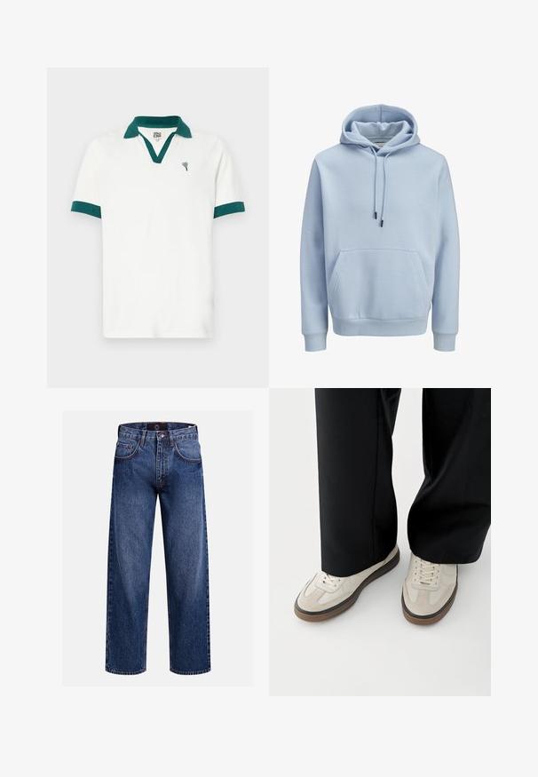 Lichtblauwe pullover hoodie met een voorzak in kangoeroestijl, capuchon met trekkoord en geribbelde boorden aan de mouwen en zoom.; Witte poloshirt met een teal kleurige kraag en accenten op de mouwen, voorzien van een klein hartvormig logo. Gemaakt van een zachte stof met een klassieke snit.; Wijde denim jeans in donkerblauw, met een ritssluiting, vijf zakken en contrasterende stiksels voor extra detail en textuur.; Voeten met beige sneakers met bruine zolen en zwarte wijde broekspijpen op een witte achtergrond.