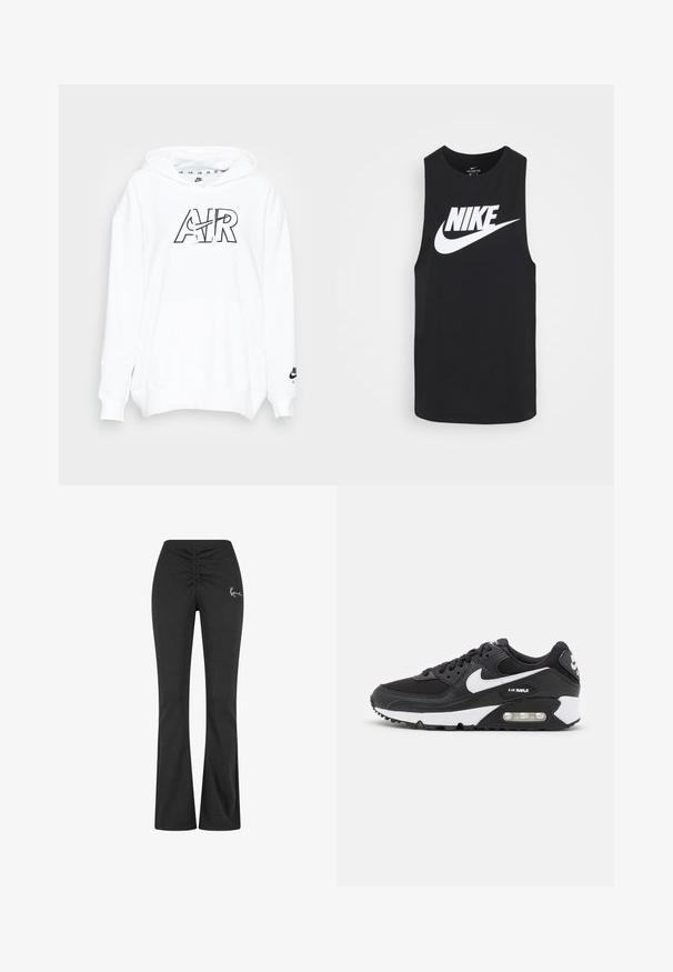 Nike Sportswear AIR HOODIE - Sudadera - white/black; Camiseta atlética sin mangas de color negro, hecha de algodón, con un destacado logotipo de Nike en blanco en una fuente en negrita en la parte frontal.; Pantalones negros de campana con cintura fruncida, hechos de una tela suave y elástica. Presenta un pequeño logotipo blanco en el lado izquierdo.; Zapatillas Nike Air Max con parte superior de malla y cuero negro, detalles en blanco, amortiguación de aire visible y suela de goma texturizada.