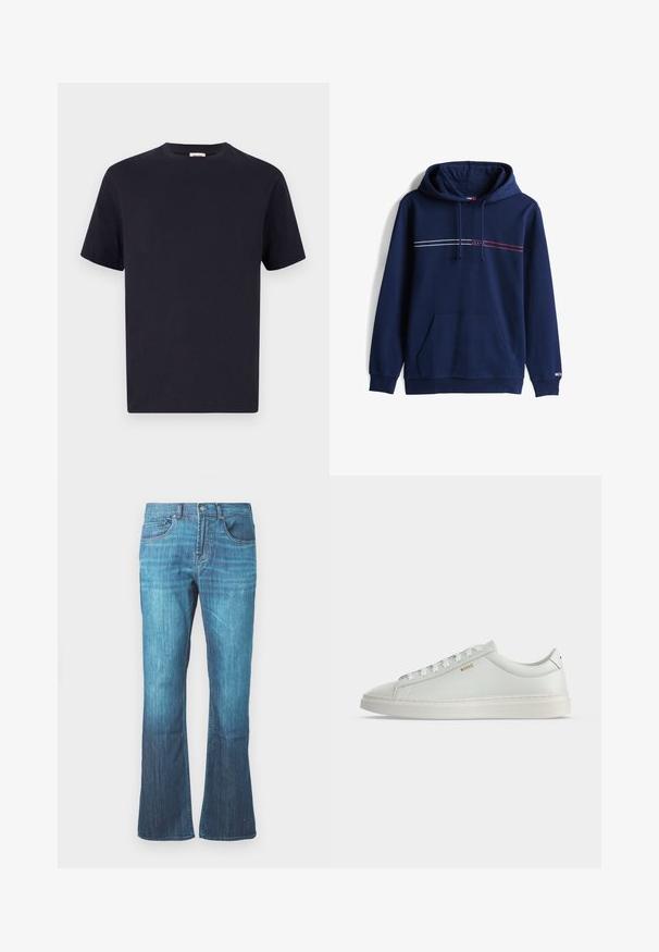 Sudadera marinera hecha de un tejido suave, con un bolsillo delantero, capucha ajustable con cordón y franjas horizontales rojas y blancas en el pecho.; Camiseta de algodón azul marino con escote redondo, manga corta y corte relajado; textura suave; sin patrones o elementos metálicos visibles.; Jeans de denim en lavado azul medio con un ligero acampanado en la parte inferior, diseño clásico de cinco bolsillos y cierre frontal con botón y cremallera.; Zapatilla blanca de cuero de corte bajo con cordones, suela plana y pequeño logo dorado "BOSS" en el lateral, vista desde el lado exterior.