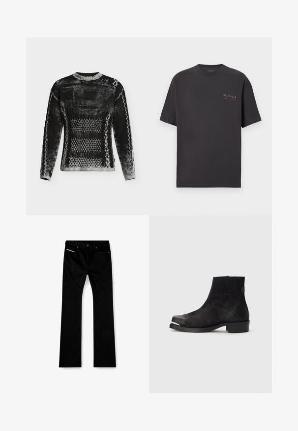 Sort og grå strikket sweater med geometrisk og mønstret tekstur, lange ærmer og rund halsudskæring på hvid baggrund.; Mørkegrå bomuld T-shirt med korte ærmer, med en lille bronze logo på venstre bryst, rund halsudskæring og en afslappet pasform.; Sorte straight-leg jeans med frontknap og lynlås, for- og baglommer samt en hvid etiket synlig i den højre forlomme.; Sort ankelstøvle med ruskind og lædermaterialer, rund tå, lille hæl, sølvmetallic accent på tåen og elastiske sider.