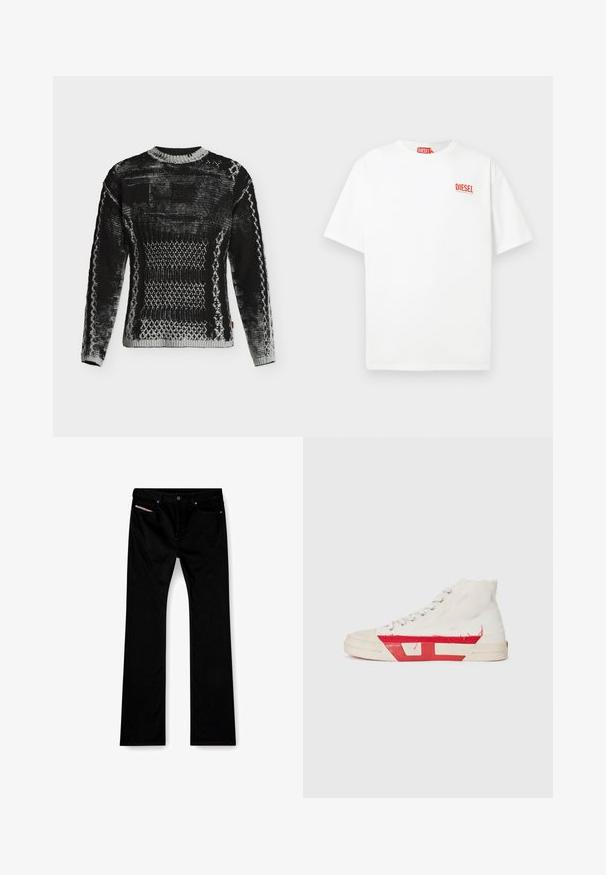 Zwart en grijs gebreide trui met geometrische en patroonstructuur, lange mouwen en ronde hals op een witte achtergrond.; Witte katoenen T-shirt met korte mouwen en een rood "DIESEL" logo op de linkerborst, met een losse pasvorm en eenvoudig ontwerp.; Zwarte straight-leg jeans met een knoop en ritssluiting aan de voorkant, voor- en achterzakken, en een wit label zichtbaar in de rechter voorzak.; Hoge sneakers met een witte canvas bovenkant, rode rubberen accenten en een versleten zoomdetail, met zilveren oogjes en een gestructureerde zool.