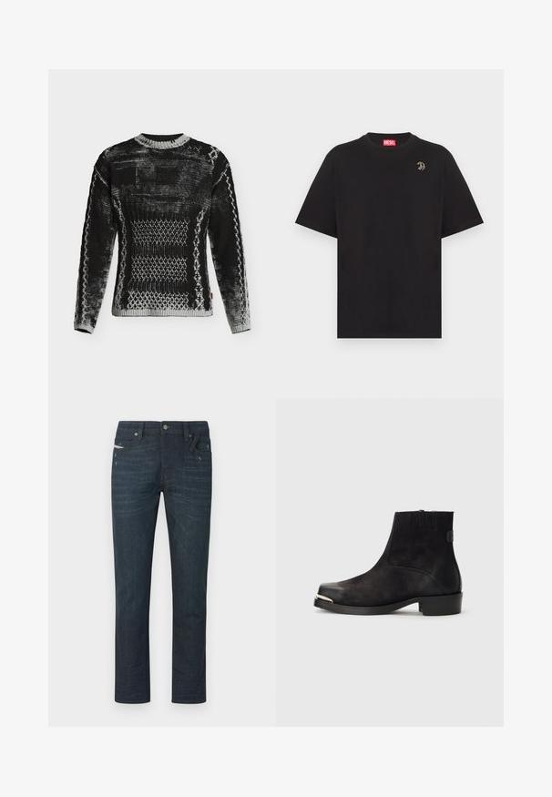 Pull en maille noir et gris avec une texture géométrique et à motifs, manches longues et col rond sur fond blanc.; T-shirt noir à manches courtes et col rond avec une petite lettre stylisée brodée sur le côté gauche de la poitrine et une étiquette de marque Diesel rouge à l'intérieur du col.; Jeans bleu foncé à jambes droites avec un léger effet délavé et des détails d'usure, fermeture frontale par boutons, passants pour ceinture, et cinq poches visibles.; Bottine noire en matériaux en daim et cuir, à bout rond, petit talon, accent métallique argenté sur le bout et panneaux latéraux élastiques.