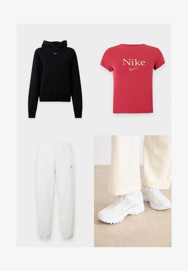 Schwarzer Nike Hoodie mit Kängurutasche und kleinem weißen Nike Swoosh-Logo, mittig unterhalb des Halsausschnitts, auf schlichtem Hintergrund dargestellt.; Rotes Kurzarm-T-Shirt mit dem Text "Nike" und einem kleinen, leopardmusterigen Nike-Swoosh-Logo, das auf der Brust zentriert ist.; Hellgraue Nike-Jogginghose mit elastischem Bund, zulaufenden Bündchen und einem kleinen schwarzen Logo am linken Oberschenkel. Weicher, strukturierter Stoff.; Weiße Sportschuhe mit einem Netzdesign, strukturierten Oberflächen und unterstützenden Sohlen. Schnürsenkel und dezente Markenkennzeichnung an der Seite.