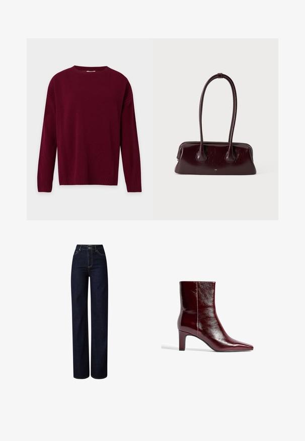 Pull bordeaux à manches longues avec col rond, poignets et ourlet côtelés, présenté sur un fond clair uni.; Jean large en denim foncé à taille haute, avec des coutures contrastées, une fermeture à bouton et un design classique à cinq poches.; Bottine en cuir bordeaux avec un bout pointu, un design épuré et un talon bloc moyen. Texture lisse et détails de couture minimaux.; Sac à main en cuir brun foncé brillant avec de longues anses fines et une base rectangulaire structurée sur un fond clair uni.