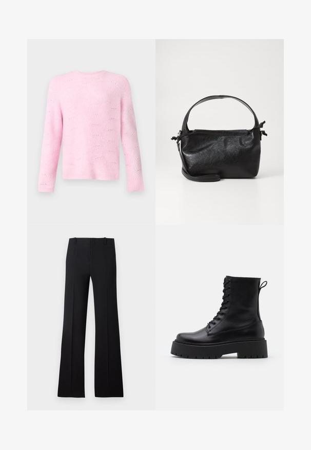 Lys pink sweater med ribbede tekstur og bølgemønster, med lange ærmer og rund hals, præsenteret mod en neutral baggrund.; Sorte slagbukser med en glat overflade, der har en skræddersyet talje, bæltestropper og et enkelt design, der strækker sig til en bred kant.; Sorte læder ankelstøvler med rund tå, snørebånd foran og en tyk gummisål med struktureret slidbane. Hæfteløkke bagpå.; Sort læderhåndtaske med et struktureret design, rund tophåndtag og aftagelig skulderrem. Den har en glat tekstur og en subtil glans.