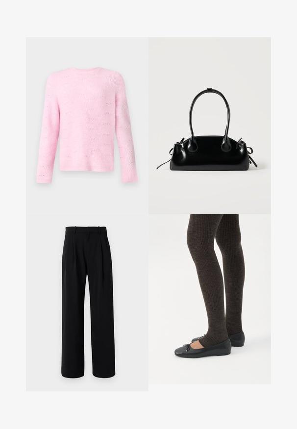 Suéter rosa claro con textura acanalada y patrón de olas, con mangas largas y cuello redondo, mostrado contra un fondo neutro.; Pantalones rectos de tiro alto en negro con piernas anchas, presillas para cinturón y pliegues en la parte delantera sobre un fondo blanco.; Piernas con leggings oscuros acanalados combinados con bailarinas negras que presentan pequeños detalles de lazo sobre un fondo blanco.; Pequeño bolso negro brillante con dos asas largas y detalles de cordón lateral sobre un fondo claro liso.