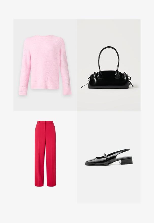 Lys pink sweater med ribbede tekstur og bølgemønster, med lange ærmer og rund hals, præsenteret mod en neutral baggrund.; Højtaljede, vide røde bukser med bæltesløjfer og skjult frontlukning på en hvid baggrund.; Sort laklæderslingback-sko med lav blokhæl og tynd rem med sølvspænde over toppen.; Lille sort blank håndtaske med to lange håndtag og snøre-detaljer i siden på en ensfarvet lys baggrund.