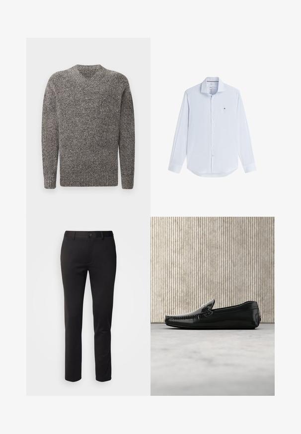 Suéter gris de cuello en V, textura de punto, de mangas largas, con puños y dobladillo acanalados, patrón jaspeado, tejido de peso medio.; Camisa azul claro de manga larga con botones, con rayas sutiles y un pequeño logo bordado en el pecho izquierdo.; Pantalones negros de tela suave, con un diseño de pierna recta, cierre de botón en la parte delantera y cinturas, exhibidos sobre un fondo blanco.; Mocasines de cuero negro con un acabado brillante, punta redonda y herrajes decorativos en la parte delantera. Suela de goma de bajo perfil. Textura suave.