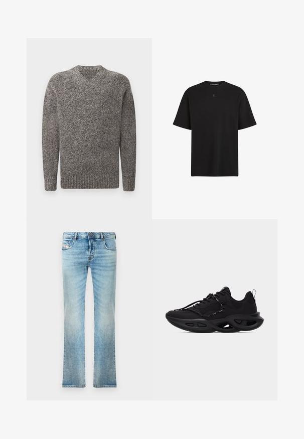 Grauer V-Ausschnitt-Pullover, gestrickte Textur, lange Ärmel, gerippte Bündchen und Saum, melierte Musterung, mittelschwerer Stoff.; Schwarzes T-Shirt aus Baumwolle, mit kurzen Ärmeln und rundem Ausschnitt. Die Vorderseite zeigt ein dezentes erhabenes Logo. Glatte Textur.; Helleblaue Denim-Jeans mit geradem Schnitt, Fünf-Taschen-Design und leichter Ausbleichung. Mit metallischem Knopf und Reißverschlussverschluss.; Schwarzer Sportschuh mit Mesh-Obermaterial, dicker, geformter Sohle mit Ausschnitten, Schnürverschluss und Lasche an der Ferse vor weißem Hintergrund.