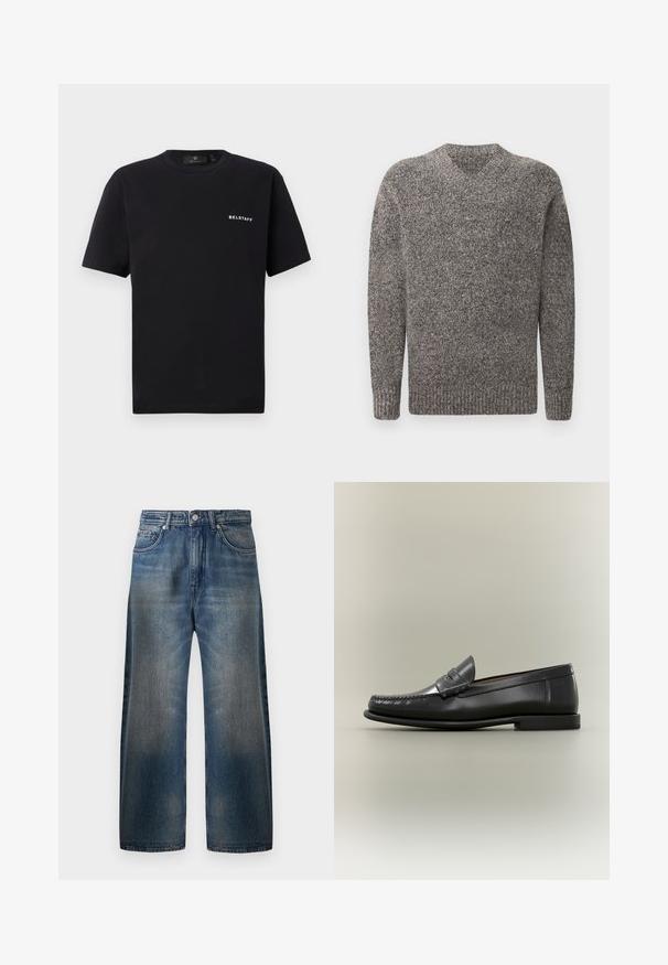 Grå v-hals sweater, strikket tekstur, lange ærmer, ribbede manchetter og kant, meleret mønster, stof af medium vægt.; Sort kortærmet T-shirt med rund halsudskæring og lille hvid "BELSTAFF" logo på venstre bryst mod en ensfarvet baggrund.; Vide ben blå denim jeans med en falmet finish, der har fem lommer, en knaplukning og synlige syninger.; Sort læder herresko med moc-toe-design, penny-rem og lav hæl på en neutral baggrund.