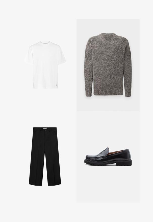 Grå v-hals sweater, strikket tekstur, lange ærmer, ribbede manchetter og kant, meleret mønster, stof af medium vægt.; Hvid bomulds t-shirt med rund halsudskæring, korte ærmer og lige kant. Har et lille logo detaljeret i nederste hjørne.; Sorte bukser med vide ben lavet af et glat materiale, med forlommer, knaplåsning og en presset rille ned langs hvert ben.; Sorte læder penny loafer med chunky gummisål og moc toe syninger, vist i profil på en hvid baggrund.