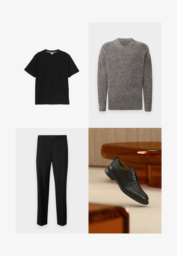 Pull gris en V, texture en tricot, manches longues, bords côtelés et ourlet, motif chiné, tissu de poids moyen.; T-shirt noir à manches courtes et col rond, avec un petit logo brodé sur le côté gauche de la poitrine et une étiquette intérieure rayée au niveau du col.; Pantalons noirs ajustés avec une coupe plate, taille standard et jambes droites. Fabriqués en tissu lisse, dotés d'une fermeture à un bouton.; Chaussure habillée noire en cuir à lacets avec devant texturé, flottant au-dessus d'un tapis beige dans une pièce moderne avec des meubles teintés d'ambre.