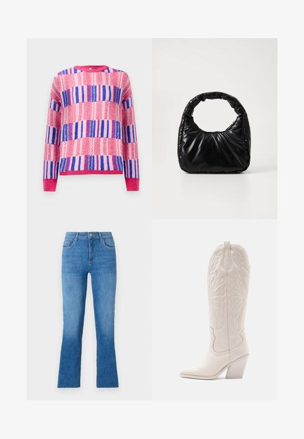 Ronde hals gebreide trui met roze, paars en blauwe horizontale en verticale geweven streeppatronen, lange mouwen en ribbels aan de mouwen en onderkant.; Blauwe denim spijkerbroek met een uitlopende pijp, voorzien van een middelhoge taille, vijf zakken en een klassieke zilveren knoopsluiting. Gladde textuur.; Witte leren cowboylaars met een spitse neus en een vierkante hak. Heeft ingewikkelde stikpatronen op de schacht en een soepele textuur.; Zwarte gevoerde handtas met een ronde handgreep, met een gladde, glanzende oppervlakte en een zachte, gewatteerde textuur. Geen zichtbare metalen onderdelen of accenten.