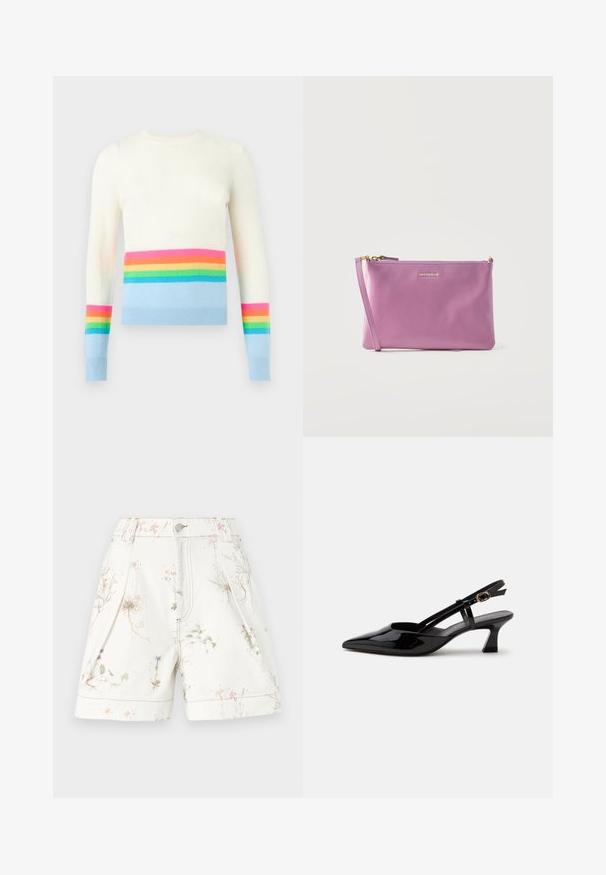 Hvid langærmet sweater med blå kant og manchetter, med vandrette regnbuestriber over brystet og de nederste ærmer.; Hvide shorts med blomstermotiv i pink og blå. Lavet af bomuld, med sidelommer og knaplukning. Helårs tekstureret design.; Sort laklæderslingback med lille hæl, spids tå og justerbar guldlåsrem på hvid baggrund.; Lille rektangulær lilla læderclutch med gylden lynlås og tynd håndledsrem, mærket "Coccinelle" med gyldne bogstaver.
