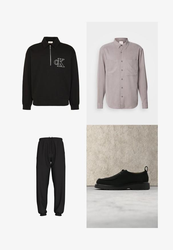 Must pikkade varrukatega pullover kraega, ees poolik tõmblukk ja valge brodeeritud "cK" logo vasakul rinnal.; Pikad varrukad nööbiga särk hallikas-hallides toonides, millel on kaks rinnataskut, klassikaline krae ja ton-sümbioosist nööbid.; Mustad lahtised dressipüksid elastse vöökoha ja mansettidega, kohandatava nööriga vöökohal.; Mustast nahast vabaajajalats paeladega, paksu taldiga ja tõmbeniidiga, õhkus keskel heleda vaiba kohal, taustal pruunid ümardatud mööbliesemed.