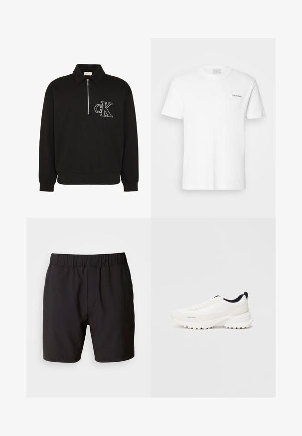 Must pikkade varrukatega pullover kraega, ees poolik tõmblukk ja valge brodeeritud "cK" logo vasakul rinnal.; Valge puuvillasest T-särk lühikäistega ja ümarkaelusega. Vasakul rinnal on väike must "Calvin Klein" logo.; Mustat lühikesed püksid venivast kangast, millel on elastne vöökoht, küljetaskud ja lihtne, puhas disain. Ilma mustrite või aktsentideta.; Valged spordijalatsid siledast pealmisest materjalist ja polsterdatud kraega, millel on selgelt eristuv tekstureeritud tallad haardeks ning peen brändimine külgedel.