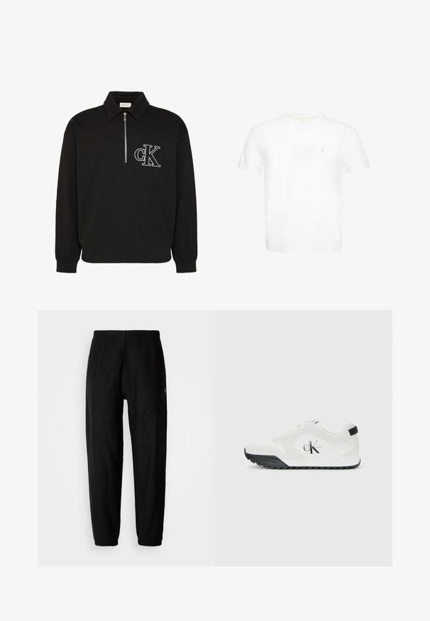 Jersey negro de manga larga con cuello, cremallera frontal hasta la mitad y logo bordado en blanco "cK" en el pecho izquierdo.; Camiseta blanca de manga corta con cuello redondo y pequeño logo "ck" bordado en el pecho izquierdo.; Pantalones de chándal negros con cintura elástica, piernas ajustadas y dobladillos. Textura de tela suave. Detalle del logo en un lado.; Zapatilla blanca de Calvin Klein con suela negra, paneles de ante y malla, logo CK en el lado y marca Calvin Klein en el talón y la suela.