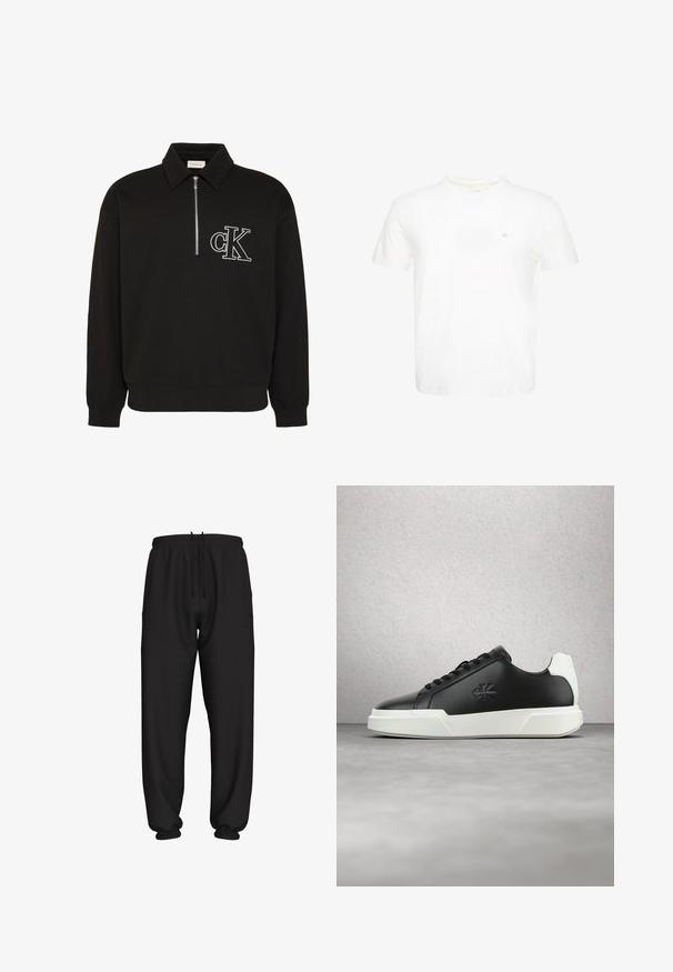 Must pikkade varrukatega pullover kraega, ees poolik tõmblukk ja valge brodeeritud "cK" logo vasakul rinnal.; Valge lühikeste varrukatega ümara kaelusega t-särk väikese tikitud "ck" logoga vasakul rinnal.; Mustad lahtised dressipüksid elastse vöökoha ja mansettidega, kohandatava nööriga vöökohal.; Must nahast vabaajajalats ümarate ninaosadega, valge kummist tallaga ja mustade paeltega. Küljel on logo ja valge kontsa detail pakub kontrasti.