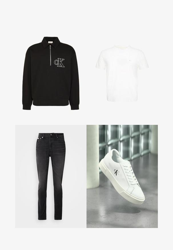 Zwarte lange mouwen trui met kraag, halve rits aan de voorkant en wit geborduurd "cK" logo op de linkerborst.; Witte T-shirt met korte mouwen en ronde hals met klein geborduurd "ck"-logo op de linkerborst.; Zwarte denim jeans met een slim fit, vijf zakken ontwerp en knoopsluiting. Kenmerkt zich door een subtiele vervaging en stikselaccenten op de zakken.; Witte Calvin Klein sneaker met veters, zwevend getoond boven een gepolijste betonnen vloer en een achtergrond van glasblokken.
