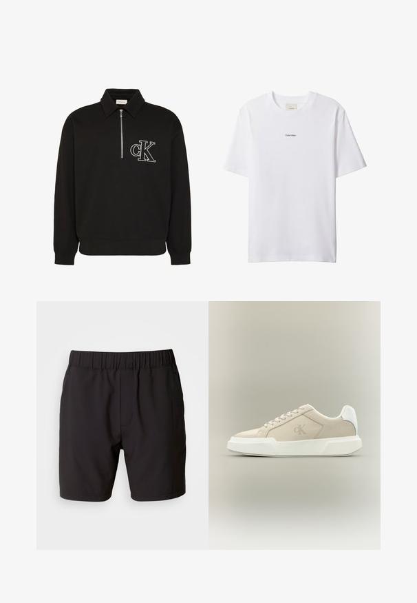 Must pikkade varrukatega pullover kraega, ees poolik tõmblukk ja valge brodeeritud "cK" logo vasakul rinnal.; Valge puuvillane t-särk ümmarguse kaeluse ja lühikeste varrukatega. Rinnal on keskel väike must "Calvin Klein" logo.; Mustat lühikesed püksid venivast kangast, millel on elastne vöökoht, küljetaskud ja lihtne, puhas disain. Ilma mustrite või aktsentideta.; Beež madala säärega toss, millel on paks valge talla, paelad, valge kannatükk ja peen CK logo külgpaneelil.