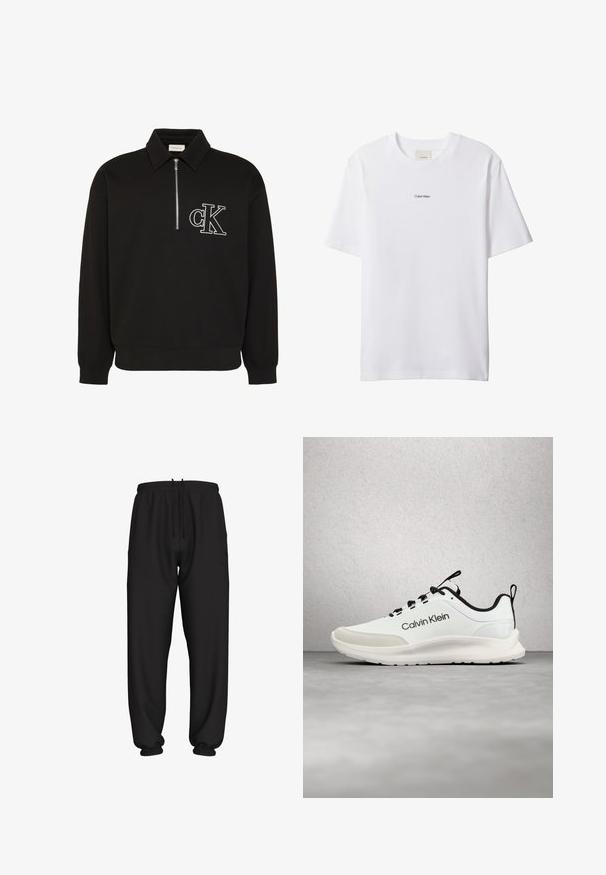 Must pikkade varrukatega pullover kraega, ees poolik tõmblukk ja valge brodeeritud "cK" logo vasakul rinnal.; Valge puuvillane t-särk ümmarguse kaeluse ja lühikeste varrukatega. Rinnal on keskel väike must "Calvin Klein" logo.; Mustad lahtised dressipüksid elastse vöökoha ja mansettidega, kohandatava nööriga vöökohal.; Valge ja musta Calvin Kleini toss mustade paeltega hõljumas halli põranda kohal klaaskivikäte lähedal.