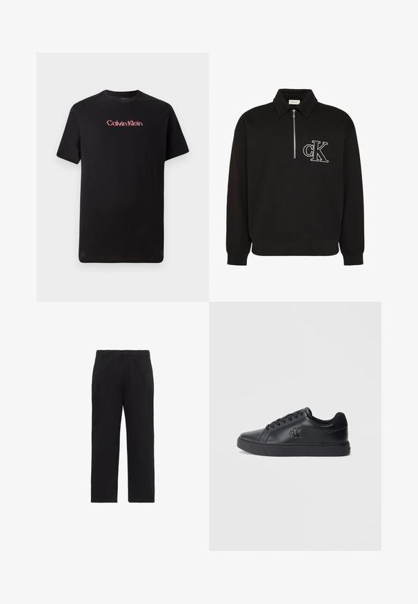 Sort langærmet pullover med krave, halvlukning foran med lynlås og hvidt broderet "cK" logo på venstre bryst.; Sort kortærmet t-shirt lavet af bomuld, med et centralt Calvin Klein-logo i rød og hvid, med rund halsudskæring og afslappet pasform.; Sorte bukser med lige ben, bæltestropper, lynlås foran og sidelommer, vist på hvid baggrund.; Sorte lædersneakers med snørebånd, gummisål og præget logo på siden, der har en glat tekstur og minimalistisk stil.