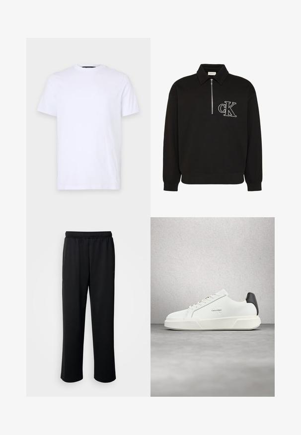 Zwarte lange mouwen trui met kraag, halve rits aan de voorkant en wit geborduurd "cK" logo op de linkerborst.; Witte katoenen t-shirt met korte mouwen, ronde halslijn, voorzien van een subtiele reliëflogo op de linkerborst, met een soepele textuur.; Zwarte sportbroek van zachte, ademende stof. Beschikt over een elastische tailleband en rechte pijpen zonder opvallende accenten of patronen.; Witte sneakers met een bovenwerk van glad leer, platte veters en een verhoogde witte zool. Heeft een zwart accent bij de hiel en een geprofileerd logo.