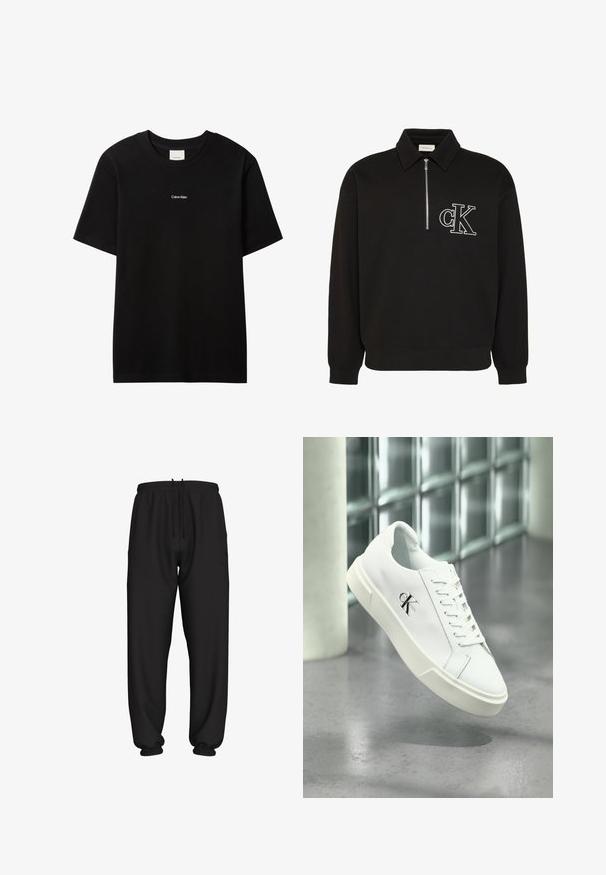 Jersey negro de manga larga con cuello, cremallera frontal hasta la mitad y logo bordado en blanco "cK" en el pecho izquierdo.; Camiseta de algodón negra con cuello redondo y mangas cortas. Presenta un pequeño logo blanco "Calvin Klein" en el frente. Ajuste clásico y suave.; Pantalones deportivos negros de corte holgado con cintura y puños elásticos, con cordón ajustable en la cintura.; Zapatilla blanca Calvin Klein con cordones, mostrada flotando sobre un suelo de cemento pulido y un fondo de pared de bloques de vidrio.
