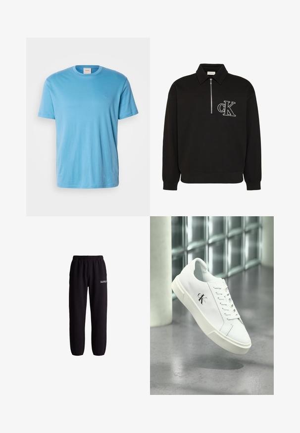 Sort langærmet pullover med krave, halvlukning foran med lynlås og hvidt broderet "cK" logo på venstre bryst.; Lys blå kortærmet bomulds t-shirt med rund hals og et lille, broderet logo på brystet. Glat tekstur, almindelig pasform.; Sorte joggebukser med elastisk talje og manchetter, med lille hvid Calvin Klein-logo på øverste venstre lår.; Hvid Calvin Klein sneaker med snørebånd, vist svævende over en poleret betongulv og en baggrund af glasblokke.