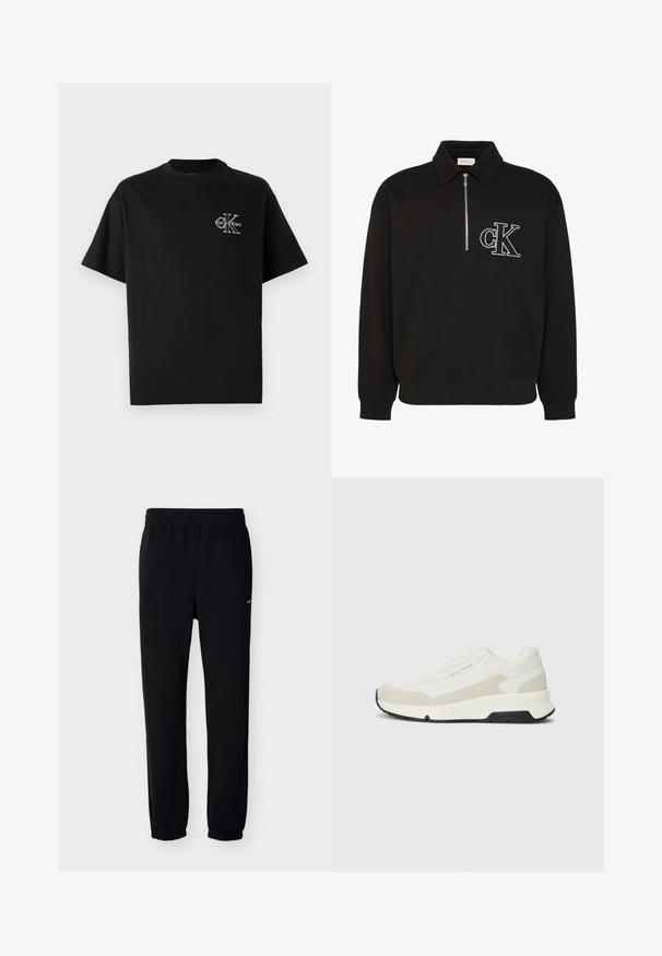 Must pikkade varrukatega pullover kraega, ees poolik tõmblukk ja valge brodeeritud "cK" logo vasakul rinnal.; Mustmust värvi puuvillane T-särk lühikeste varrukatega, ümmarguse kaelusega, mille vasakul rinnal on väike valge Calvin Kleini logo.; Mustad dressipüksid elastse vöökohaga ja mansettidega. Valmistatud pehmest kangast. Paremal küljel on väike valge logo.; Valge ja beeži värvi madala ülemise osaga tossud, millel on nööridega eesmine osa, must tald ning "Armani Exchange" bränding külje ja tallal.