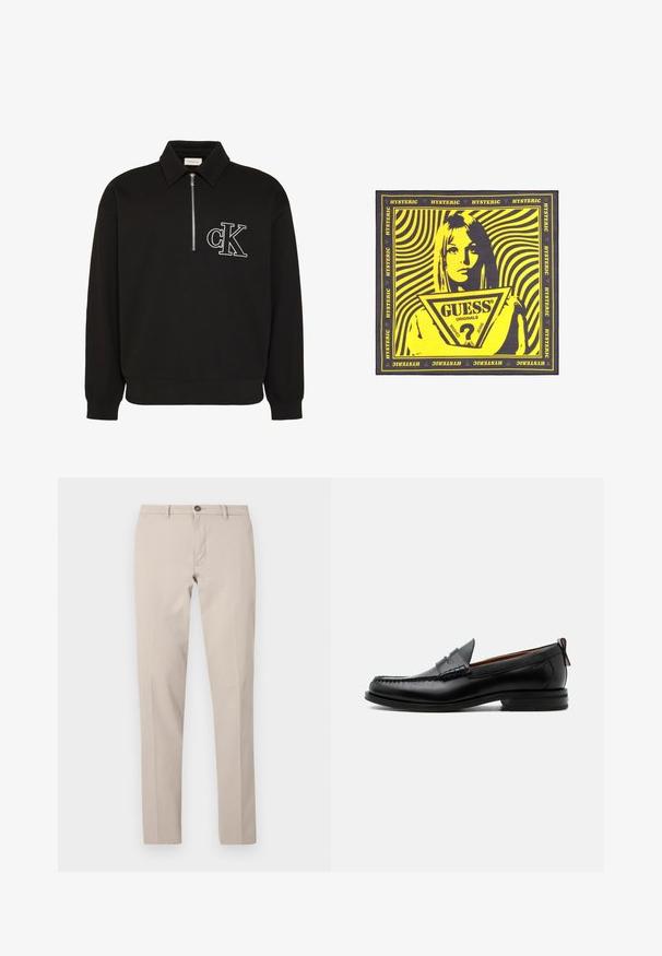 Schwarzer Langarm-Pullover mit Kragen, halbem Frontreißverschluss und weiß besticktem "cK" Logo auf der linken Brust.; Beige Slim-Fit-Hose mit Gürtelschlaufen, Knopfverschluss und vorderlichem Reißverschluss, flach auf weißem Hintergrund dargestellt.; Schwarzer Leder-Herrenschuh mit Mokassinnaht, Penny-Riemen, strukturiertem Kragen und niedrigem gestapeltem Absatz auf weißem Hintergrund.; Gelber und schwarzer Schal mit einem stilisierten weiblichen Gesicht, wellenförmigen Linien im Hintergrund, dem dreieckigen "GUESS Originals"-Logo sowie einem wiederholten "HYSTERIC"-Text am Rand.