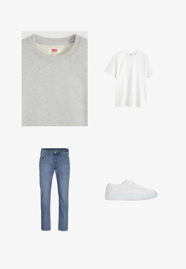Hellgraues Sweatshirt mit Rundhalsausschnitt, kleinem weißem Levi's-Logo-Stick auf der Brust und rotem Levi's-Etikett innen am Kragen mit der Größe Medium.; Weißes Baumwoll-T-Shirt mit Rundhalsausschnitt, kurzen Ärmeln und lässiger Passform. Glatte Textur und keine sichtbaren Muster oder Akzente.; Hellblaue Jeans aus Denim mit geradem Bein, fünf Taschen und einem vorderen Knopfverschluss mit kontrastierenden Nähten.; Weißer niedriger Sneaker mit Schnürdesign, glattem Lederobermaterial und flacher Gummisohle, seitlich auf weißem Hintergrund dargestellt.