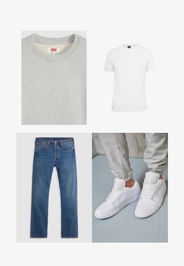 Sudadera gris claro con cuello redondo, con pequeño bordado blanco del logo de Levi's en el pecho y etiqueta roja de Levi's dentro del cuello marcada con talla mediana.; Camiseta blanca de manga corta, fabricada en algodón, con un cuello redondo y una textura suave, diseñada para el uso casual.; Vaqueros de mezclilla azul de pierna recta con cinco bolsillos, presillas para el cinturón y un cierre frontal con botón y cremallera sobre un fondo liso.; Las zapatillas deportivas de cuero blanco cuentan con una caja de dedos perforada, cordones planos, un cuello acolchado y el logo de Jordan en la lengüeta. Las llevan puestas con pantalones joggers grises.