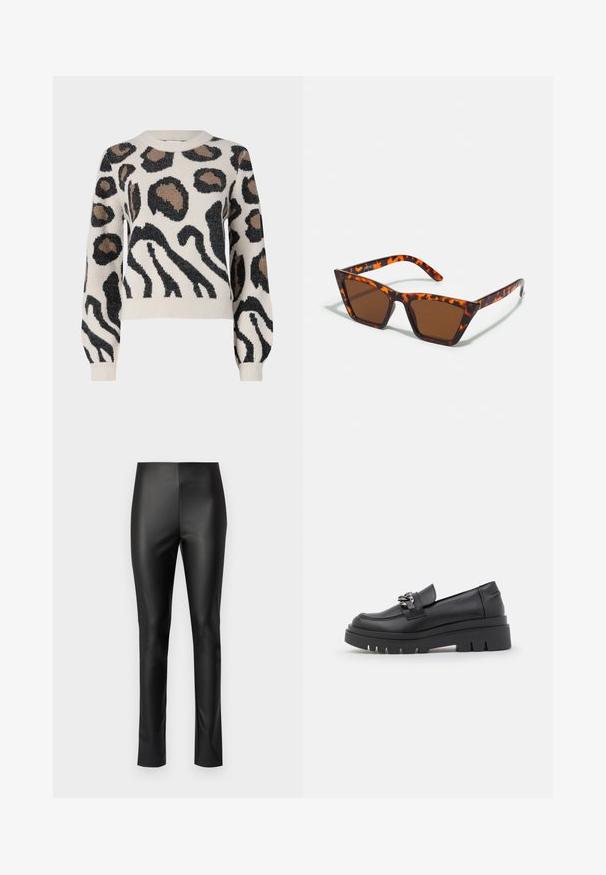 JDY LORRAINE - Pullover - cement; Leggings en simili cuir noir avec un design élégant et ajusté, dotés d'une ceinture élastique et sans éléments métalliques ou décorations visibles.; Chaussure de type mocassin noire avec une semelle plate-forme épaisse, tige en cuir lisse, accent de chaîne décoratif et léger talon avec un détail en encoches.; Lunettes de soleil teintées de brun avec un motif écaille de tortue, monture angulaire et branches fines. Matériau en plastique léger.