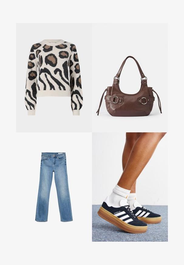 JDY LORRAINE - Trui - cement; Lichtblauwe denim jeans met een klassiek vijf-pocket ontwerp, knoop- en ritssluiting, en rechte pijpen.; Ben met witte sokken en zwarte Adidas Gazelle sneakers met witte strepen en dikke bruine zolen op een grijs tapijt.; Bruine leren handtas met ronde vorm, zilveren hardware, twee zijriemen en een gladde textuur. Beschikt over een enkele handgreep aan de bovenkant.