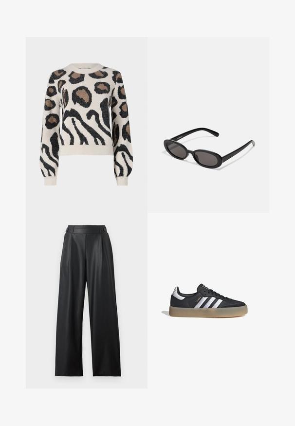 JDY LORRAINE - Jersey de punto - cement; Pantalones anchos de cuero sintético negro con cintura alta, detalles de botones en la cintura y pliegues delanteros.; Zapatilla deportiva de cuero negro con tres rayas plateadas, punta texturizada y suela de goma. Cuenta con un collar acolchado y un diseño con cordones.; Even&Odd Gafas de sol - black