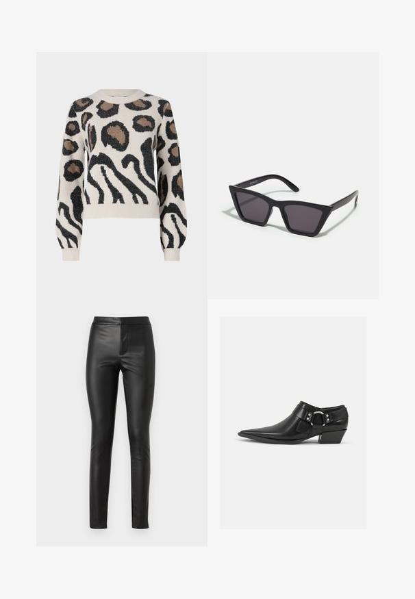 JDY LORRAINE - Pullover - cement; Leggings en cuir noir avec une texture lisse, coupe slim et taille haute. Comprend une couture avant pour une apparence élégante.; Bottines en cuir noir avec un bout pointu, présentant une sangle en cuir à l'avant et un détail de boucle en argent, ainsi qu'un petit talon carré.; Lunettes noires angulaires avec des verres gris ; fabriquées en plastique, avec des branches épaisses à la surface lisse et sans matériel visible.