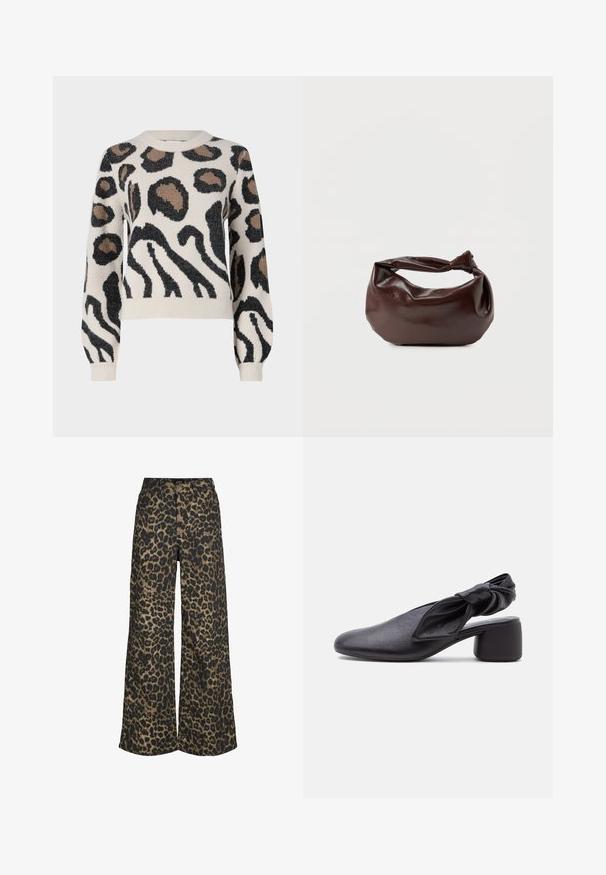 JDY LORRAINE - Trui - cement; Broek met wijde pijpen en een all-over bruin-zwarte luipaardprint, met knopen en ritssluiting aan de voorkant.; Zwarte leren slingback met een afgeronde neus, een geknoopt banddetail en een lage blokhak op een witte achtergrond.; Donkerbruine leren schoudertas met een zachte, slungelige vorm en een gedraaide knoopvormige handgreep op een effen witte achtergrond.