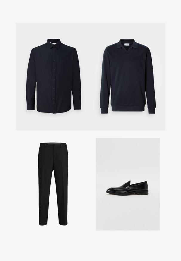 Navyblauwe poloshirt met lange mouwen en een v-hals, van zacht katoen, met een geribde kraag en manchetten, met een schone minimalistische uitstraling.; Donker marineblauwe long-sleeve overhemd met knopen en kraag, plat weergegeven tegen een effen lichte achtergrond.; Zwarte broeken van een gladde stof, met een rechte snit, riemlussen en een platte voorkant zonder zichtbare patronen of versieringen.; Zwarte leren instapper met ronde neus, subtiele stiksels en een gladde afwerking. Beschikt over een lage gestapelde hak en een band over de wreef.