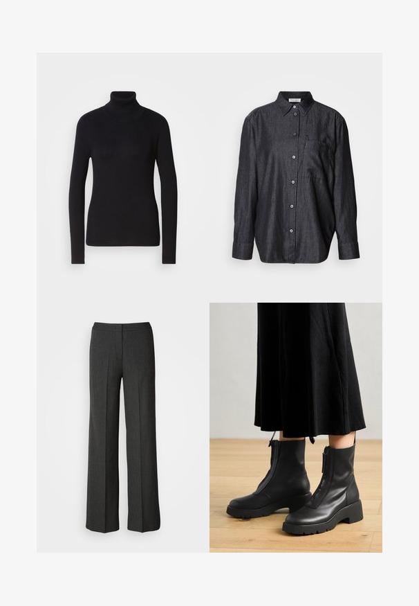 Sort ribbet rullekravesweater med lange ærmer. Fremstillet af strikmateriale med en tætsiddende design. Glat tekstur og høj halsdetalje.; Mørkegrå langærmet skjorte lavet af letvægtskuffert, med knaplukning foran, krave og en enkelt brystlomme.; Bredde ben bukser i mørkegrå, lavet af struktureret stof. Har en tætsiddende talje og et subtilt nålestribemønster.; Sorte læder ankelstøvler med en kraftig platformsål og en frontlynlås. Glat tekstur med et minimalistisk design.