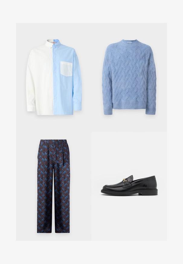 Suéter azul claro fabricado con un punto texturizado y un patrón de trenzas. Presenta un escote redondo y puños y dobladillo de canalé.; Camisa abotonada con un diseño de mitad blanca y mitad azul claro. Está hecha de algodón y tiene un bolsillo de parche en el lado azul claro.; Pantalones de pierna ancha en tejido oscuro, con un patrón azul tejido. La cinturilla elástica garantiza comodidad. Textura suave con acentos geométricos.; Mocasines de cuero negro con punta redondeada, que cuentan con un detalle de herrajes dorados y costuras, situados sobre una suela de goma texturizada y baja.