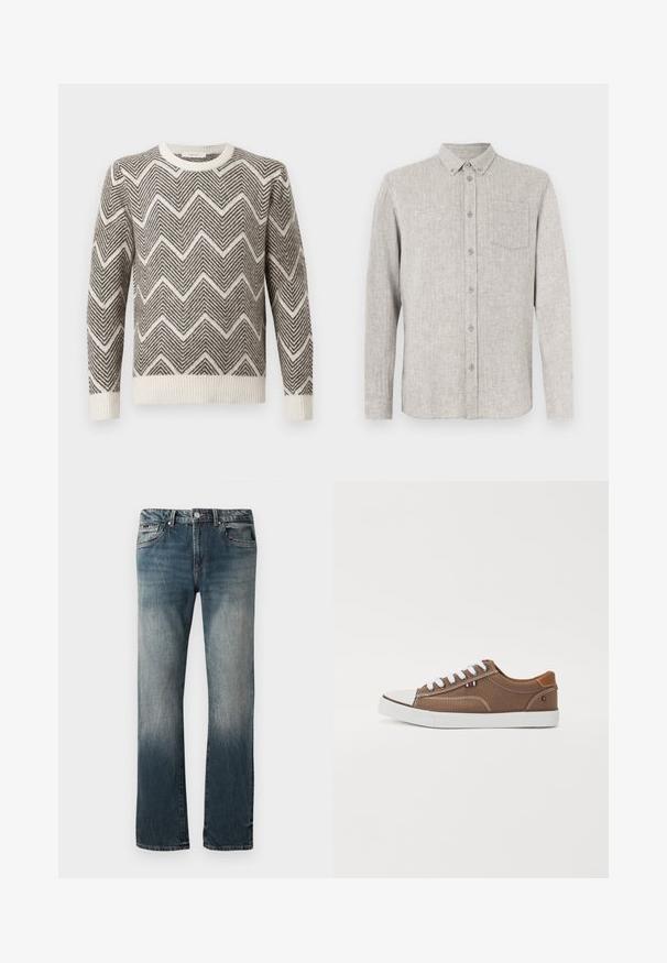 Suéter gris y blanco con un patrón de zigzag, con cuello redondo y puños y dobladillo acanalados. Fabricado con un material de punto texturizado.; Camisa gris clara con botones, confeccionada en tela texturizada, que cuenta con cuello, mangas largas y un bolsillo en el pecho.; Jeans de mezclilla azul de corte recto para hombre con lavado desgastado y diseño de cinco bolsillos sobre un fondo blanco.; Zapatillas de lona marrón con cordones blancos, puntera de goma y acentos en tono bronceado en el talón, que presentan un pequeño emblema tricolor.