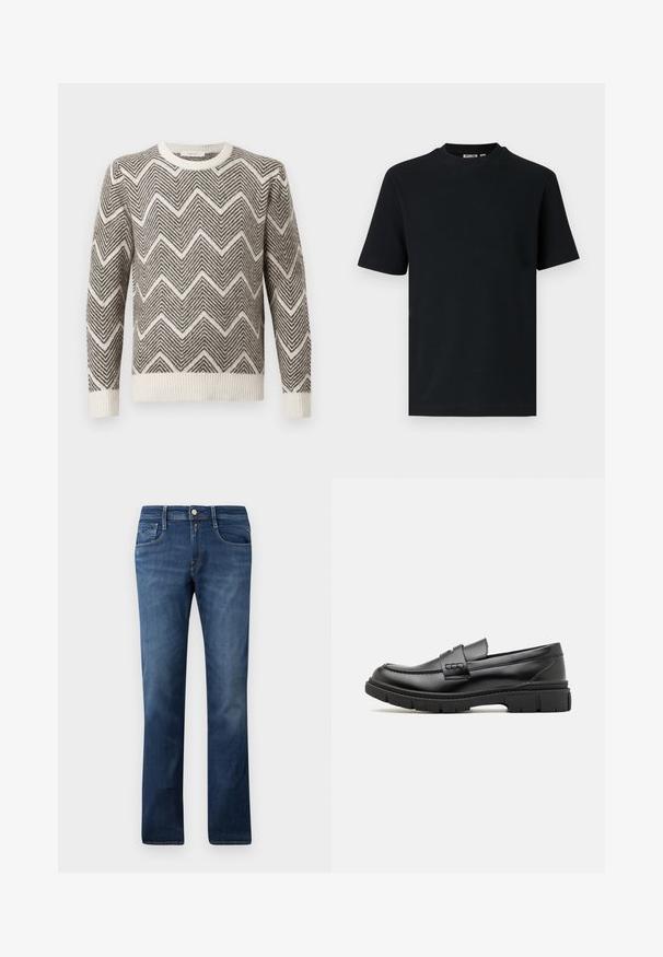 Grau-weißer Pullover mit Zickzackmuster, Rundhalsausschnitt sowie gerippten Bündchen und Saum. Aus einem strukturierten Strickmaterial gefertigt.; Schwarzes, kurzärmeliges, geripptes Strick-T-Shirt mit Rundhalsausschnitt und einem kleinen, sichtbaren Etikett im Krageninnenteil.; Blaue Denim-Jeans mit geradem Schnitt, ausgestattet mit Fronttaschen, einem Reißverschluss und einem Knopfverschluss. Mittlere Waschung mit subtilen Ausbleichungen.; Schwarze Lederloafer mit einem breiten Riemen über dem Rist, Gummisohle mit dicken Profilen und glatter Textur. Klassisches, schlankes Design.