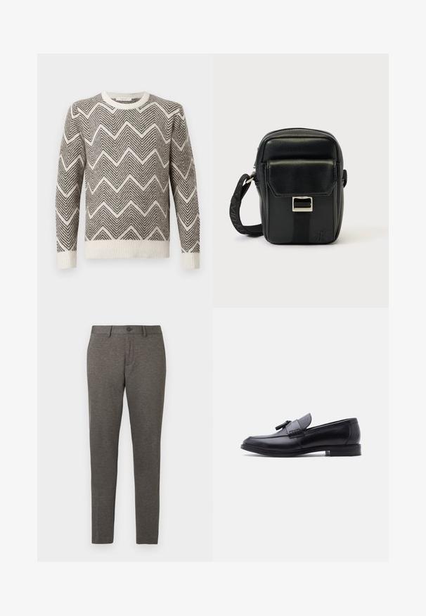 Grå og hvid zigzag-mønstret sweater med rund hals og ribbede manchetter og kant. Fremstillet af et struktureret strikmateriale.; Grå tapered bukser med et tekstureret stof, der har forskydninger i lommerne og en enkelt knaplukning i taljen. Kan maskinvaskes.; Sort læderloafer med tekstureret gråt stofpanel og kvastdetalje, lav hæl og rundet tå, vist fra siden mod en hvid baggrund.; Sort lædertaske med tekstureret finish, der har en forlompe, sølvfarvet hardware og en justerbar rem.